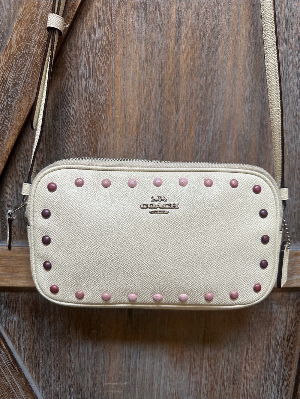 Coach Double-Zip Pouch with Metallic Rivets in Chalk Crossbody Bag Purse - Picture 3 of 16